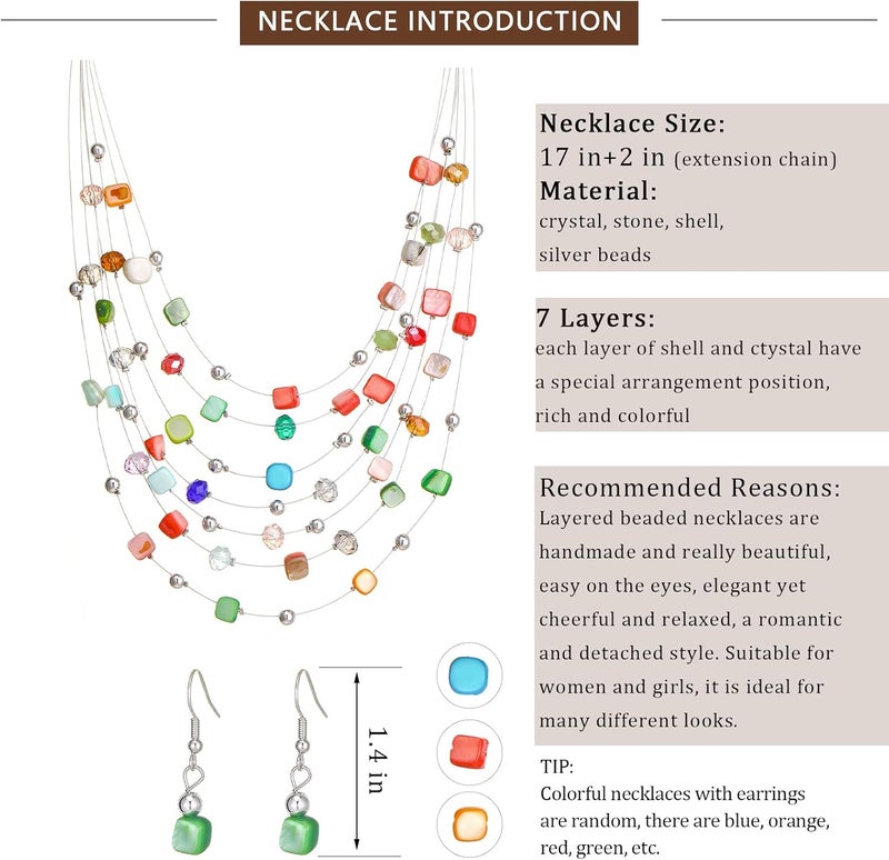 Errally Store Multi-Layer Boho Shell Beaded Necklace for Women Colorful Crystal Strand with Silver Beads Statement Collars Necklace and Earrings Costumes Jewelry Sets for Women - Image 5